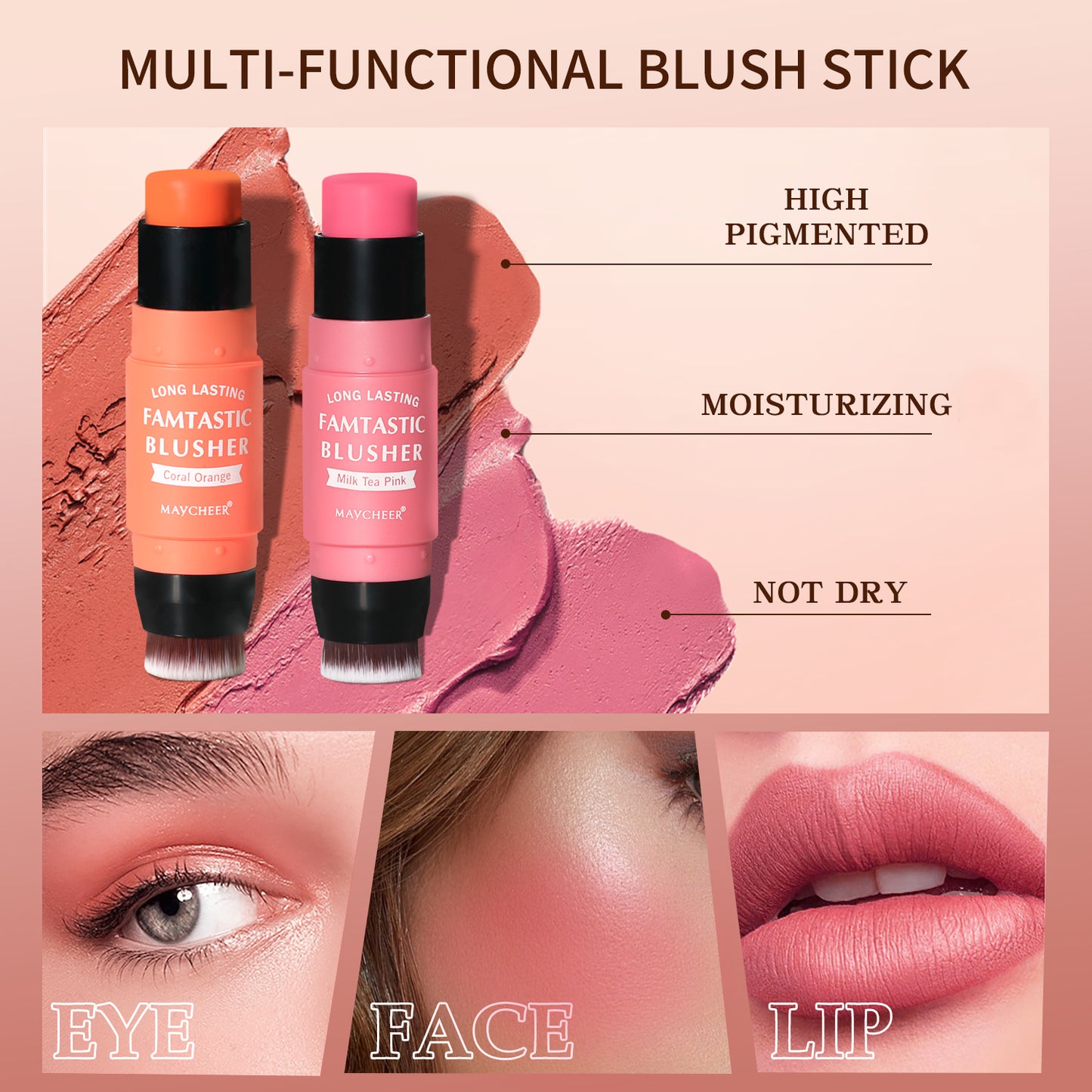 MAYCHEER® 3 in 1 blush and lip gloss and eyeshadow makeup stick